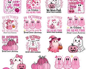 In October We Wear Pink Png, Breast Cancer Awareness Png, Halloween Pink Ghost Png, Retro Breast Cancer Png, Halloween Shirt Png,Sublimation