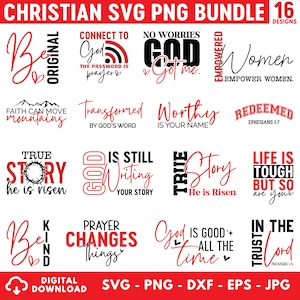 Peut inclure: Un ensemble de téléchargement numérique de 16 motifs chrétiens SVG et PNG. Les motifs présentent des citations et des phrases inspirantes en rouge et noir, notamment "Be Original", "God Got Me" et "Prayer Changes Things."