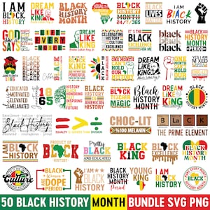 Op de afbeelding: Een verzameling van 50 Black History Month SVG- en PNG-afbeeldingen. De ontwerpen bevatten zinnen als "Black History Month", "Dream Like King" en "Equality is Greater Than Division", in verschillende lettertypen en kleuren. De bundel bevat afbeeldingen van Martin Luther King Jr. en het Afrikaanse continent.