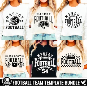 Puede incluir: Colección de seis camisetas y sudaderas con temática de fútbol. Cada prenda muestra "MASCOT FOOTBALL" en negrita, con gráficos de fútbol y los números "54" o "26". El texto "FOOTBALL TEAM TEMPLATE BUNDLE" se encuentra en la parte inferior de la imagen.