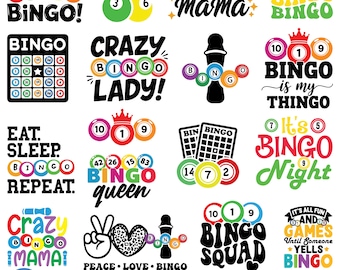 May include: A collection of 17 Bingo-themed SVG designs. The designs feature colorful text and graphics, including bingo balls, bingo cards, and phrases like "Bingo Mama," "Crazy Bingo Lady," and "Bingo Squad." The bundle is available for digital download.