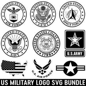 May include: A collection of black and white US military logos, including Air Force, Army, Navy, Space Force, and Coast Guard emblems. The image also features the US flag outline and the text "US MILITARY LOGO SVG BUNDLE."