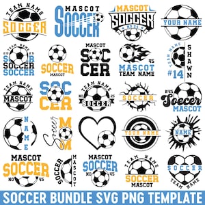 May include: A collection of soccer-themed SVG and PNG templates. Designs include soccer balls, team names, and the word "soccer" in various fonts and styles. The color palette is primarily black, white, and gold.