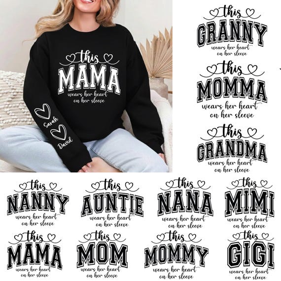 This Mama/Grandma/Nana Wears Her Heart on Her Sleeve Svg, Mama Bundle, Mother's Day, Custom Kids Names, Mama Heart Svg, Mom Sweatshirt Svg