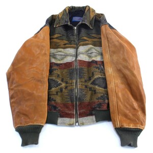 Può includere: Un bomber con un davanti fantasia e maniche in pelle marrone chiaro. Il davanti presenta un disegno geometrico nei toni del marrone, rosso e grigio. Le maniche sono di colore marrone chiaro. La giacca ha un colletto e polsini a coste verde scuro.