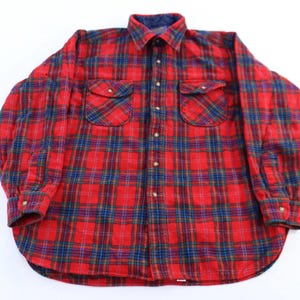 Puede incluir: Camisa de franela a cuadros rojos y azules con dos bolsillos en el pecho y cierre de botones. La camisa tiene un cuello clásico y mangas largas. La tela tiene un aspecto suave y texturizado.