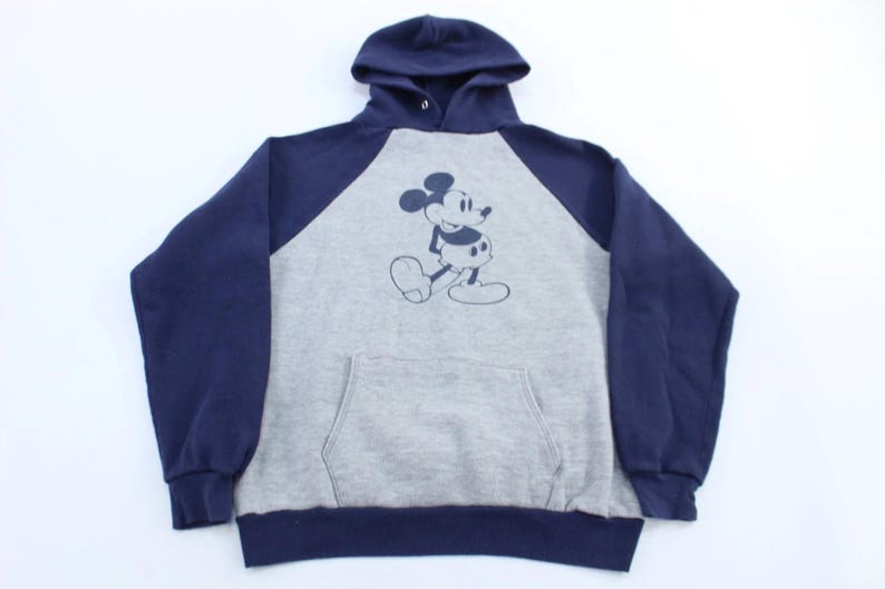 80's Disney Mickey Mouse Grey & Blue Pullover Hoodie - ThriftedThreads.com