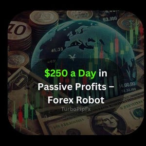 Puede incluir: Un gráfico verde y blanco con el texto "$250 al día en ganancias pasivas - Robot Forex" y las palabras "TurboPipFx" en texto más pequeño. El gráfico se superpone sobre un fondo de billetes de dólar estadounidense y un globo terráqueo con un gráfico de acciones verde y rojo.
