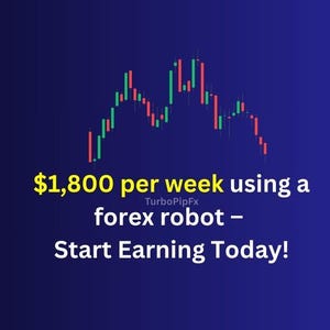 Puede incluir: Un fondo azul con un gráfico de velas verde y rojo. El texto "$1,800 por semana usando un robot de forex - ¡Empieza a ganar hoy!" se muestra debajo del gráfico. El texto "TurboPipFx" se muestra en una fuente más pequeña debajo de la primera línea de texto.
