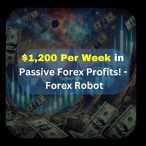 Puede incluir: Imagen con fondo oscuro que muestra billetes de dólar flotantes y una escena cósmica. El texto central dice: "¡$1,200 por semana en ganancias pasivas de Forex! - Robot Forex".