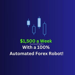 Puede incluir: Un gráfico de texto verde y blanco sobre un fondo azul. El texto dice "$1,500 a la semana con un robot Forex automatizado al 100 %!" con las palabras "TurboPipFx" en una fuente más pequeña debajo de "$1,500 a la semana". Un gráfico de velas japonesas azul estilizado está por encima del texto.