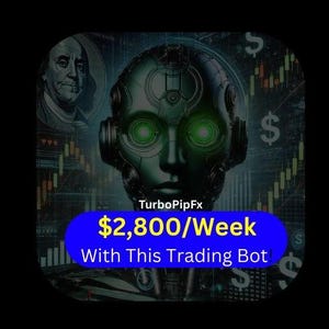 Puede incluir: Una cabeza de robot verde con ojos verdes brillantes y una pancarta azul que dice "TurboPipFx $ 2.800 / semana con este robot de trading". El fondo es una imagen oscura de un gráfico de mercado de valores con signos de dólar.