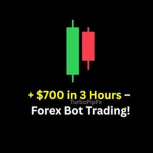 Puede incluir: Un gráfico de velas verde y rojo con el texto "+$700 en 3 horas - TurboPipFx Forex Bot Trading!"