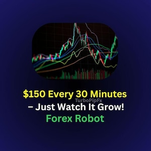 Op de afbeelding: Een kleurrijk aandelenmarktdiagram met een groene, blauwe en rode lijn grafiek. De tekst luidt "$150 Every 30 Minutes - Just Watch It Grow! Forex Robot" met de woorden "TurboPipFx" in kleiner lettertype onder de eerste regel tekst.