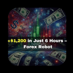 Può includere: Un'immagine colorata con banconote in dollari e un grafico sullo sfondo. Il testo recita "+$1,200 in sole 6 ore - TurboPipFx Forex Robot".