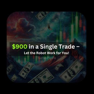 Puede incluir: Una ilustración digital de una cordillera con un cielo verde y rojo. El texto "$900 in a Single Trade - Let the Robot Work for You!" se muestra en el centro de la imagen. El texto "TurboPipFx" se muestra debajo del texto principal. Billetes de dólar caen del cielo.