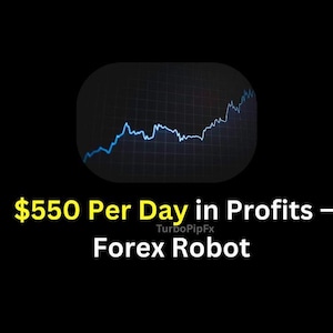 Puede incluir: Un gráfico de línea azul sobre un fondo negro con el texto "$550 por día en ganancias - TurboPipFx Forex Robot".