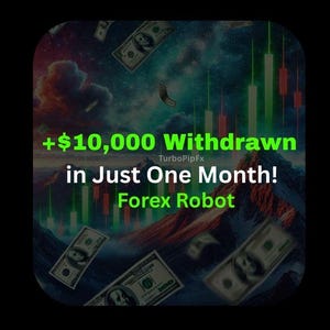 Op de afbeelding: Een groene en rode afbeelding met een bergketen en dollarbiljetten die uit de lucht vallen. De tekst luidt "+$10.000 Afgehaald in slechts één maand! Forex Robot".