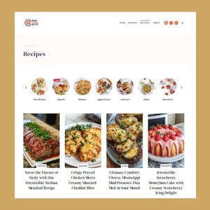 Peut inclure: Page web avec le titre "Recettes" et des images de plats. Les images incluent le petit-déjeuner, le déjeuner, le dîner, les entrées, les plats principaux, les accompagnements et les desserts. Des titres de recettes sont visibles.