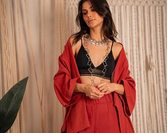 Cotton Kimono Set: Boho Loungewear Two-Piece Outfit