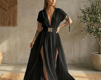 Vestido bohemio de algodón orgánico: Vestido de verano con abertura de diosa