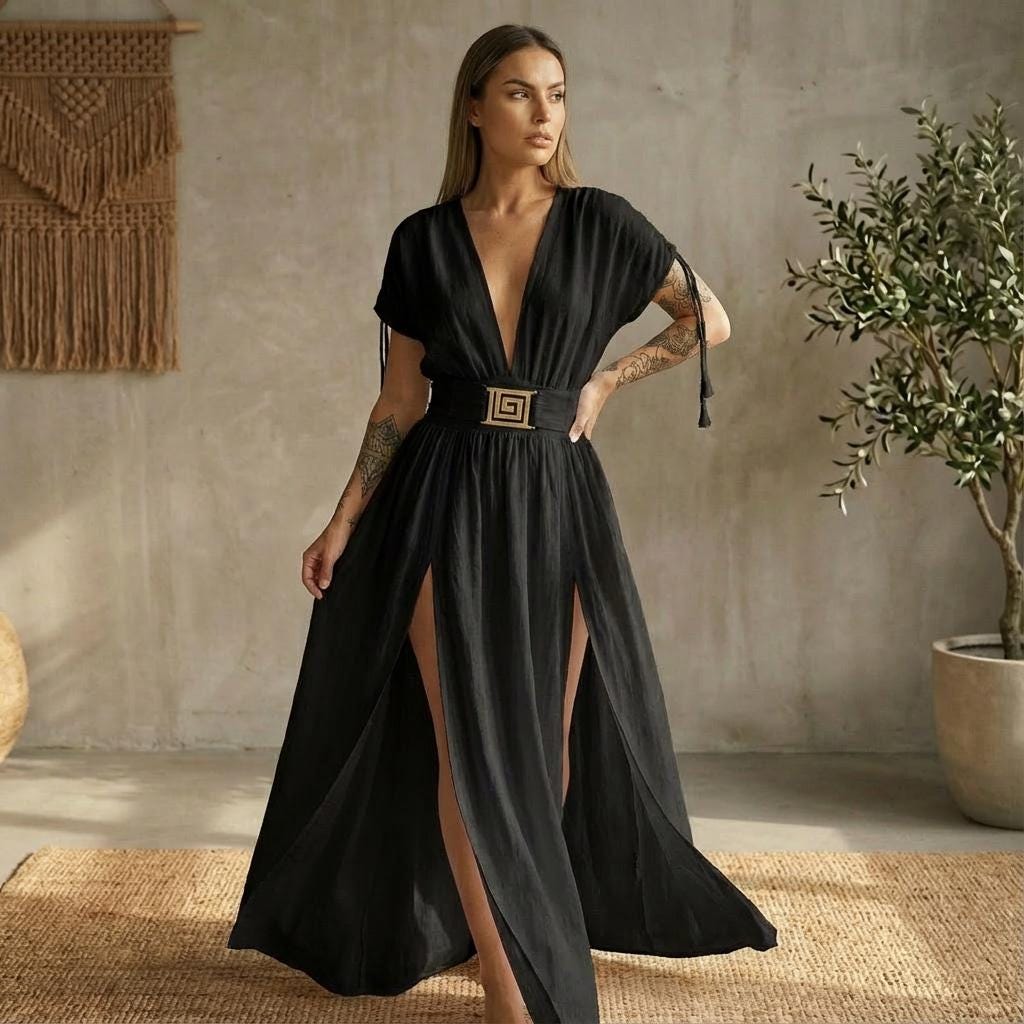 grecian dress Lace Chiffon Asymmetric Wedding Nothing says vacation like a graphic print dress Grecian Goddess Long Black Grecian