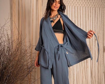 Cotton Kimono Set: Boho Loungewear, Relaxed Fit