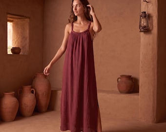 Handmade Muslin Cotton Maxi Dress, Relaxed Fit Resort Summer Style