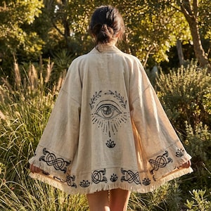 Kimono en lin peint à la main : oeuvre d'art bohème pour le mauvais œil, tenue de festival