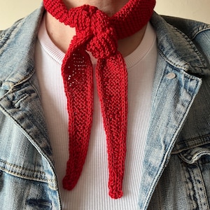 Red Sophie Scarf, Handknit Small Neck Scarf, 90 cm Skinny Neckerchief, Teenage Hair Band , Knitted Scrunchie, Gift for Daughter