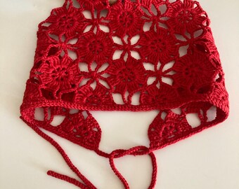 Crochet bandana, red cotton headband, handmade boho hair scarf, belt scarf