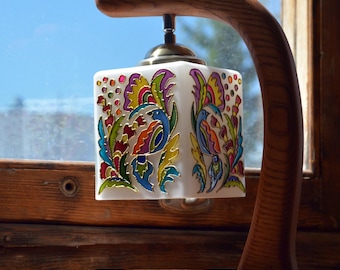 Folk Art Lamp with Stained Glass Bird – Handcrafted Wooden Light