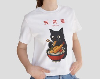 Black Cat Eating Tempura Bowl T-Shirt-Funny Japanese Food Tee, Kawaii Cat Lover Gift, Tendon Rice Bowl Graphic Shirt, Unisex Retro Art
