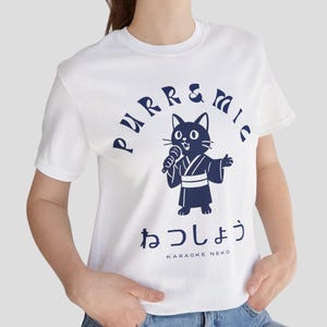 Funny Cat Karaoke T-Shirt -Japanese Style Cat in Kimono - Purr & Mic Graphic Tee, Retro Aesthetic, Japan Lover Gift, Unisex Navy Blue Shirt