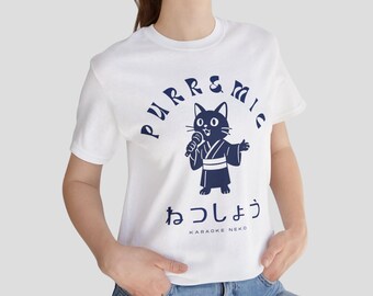 Funny Cat Karaoke T-Shirt -Japanese Style Cat in Kimono - Purr & Mic Graphic Tee, Retro Aesthetic, Japan Lover Gift, Unisex Navy Blue Shirt