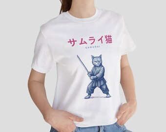 Samurai Cat T-Shirt-Japanese Katana Warrior Kitten Tee, Kawaii Bushido Animal Art, Pink & Navy Graphic Shirt, Ukiyo-e Style Gift