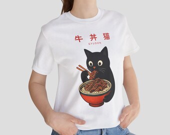 Japanese Gyudon Cat Shirt, Cute Black Cat Tee, Japanese Food Cat T-Shirt, Kawaii Anime Style Cat Lover Gift, Funny Japan Graphic Tee