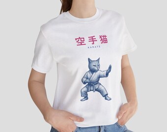 Karate Cat T-Shirt-Japanese Martial Arts kitty Tee, Funny Katana Dojo Master Shirt, Pink and Navy Kawaii Graphic, Unisex Karate Lover gift