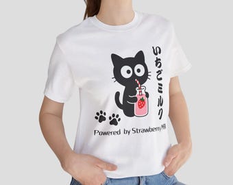 Kawaii Strawberry Milk Cat T-Shirt, Japanese Cat Shirt, Cute Cat Tee, Kawaii Anime Shirt, Gift for Cat Lover, Pink Aesthetic Tee