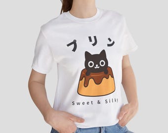 Kawaii Pudding Cat T-Shirt, Japanese Cat Shirt, Cute Dessert Cat Tee, Flan Cat Graphic, Custard Pudding Shirt, Gift for Cat Lover