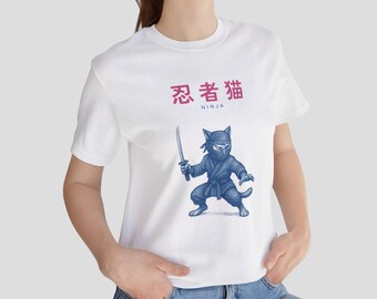 Ninja Cat T-Shirt, Japanese Cat Shirt, Kawaii Cat Tee, Samurai Style Cat Graphic, Anime Cat Shirt, Gift for Cat Lover