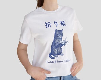 Minimalist Origami cat T-Shirt, "Folded into Calm" Japanese Graphic Tee, Navy Blue Zen Style Shirt, Unique Origami Lover gift, Unisex tee
