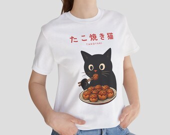 Japanese Takoyaki Cat Shirt, Cute Black Cat Tee, Kawaii Japanese Food T-Shirt, Funny Octopus Ball Cat Shirt, Anime Style Cat Lover Gift