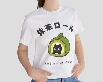 Matcha Roll Cake Cat T-Shirt, Japanese Matcha Dessert Shirt, Kawaii Cat Tee, Cute Food Cat Shirt, Japan Style Graphic Tee, Unisex Gift