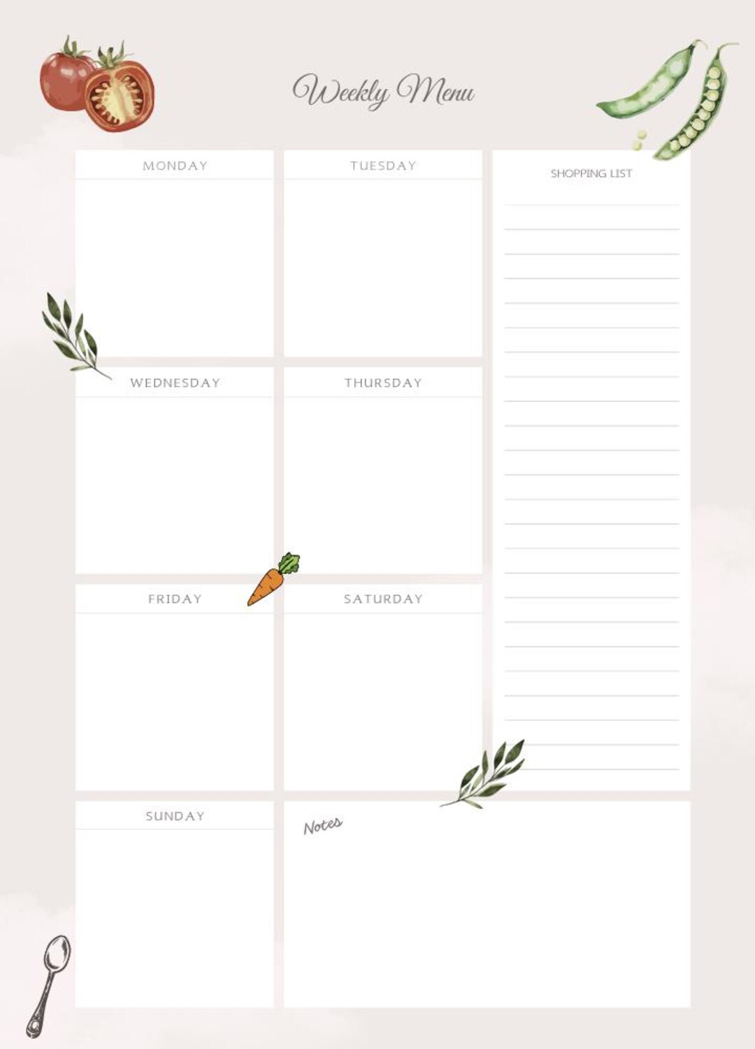 Weekly Menu Template - Etsy
