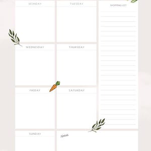 Peut inclure: Un planificateur de menu hebdomadaire imprimable avec un fond blanc et des illustrations de légumes. Le planificateur comprend des sections pour du lundi au dimanche, une liste de courses et des notes.
