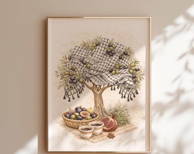 Palestinian Keffiyeh Olive Tree with Coffee, Pomegranate, and Tatreez (Digital Download)