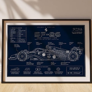 May include: A framed dark blue technical print featuring a white line drawing of the SF-26 Formula 1 car. The poster includes detailed annotations, technical specifications, and the Scuderia Ferrari logo, presented in a clean, schematic layout.