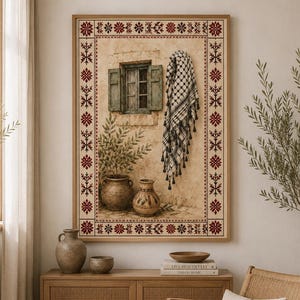 Könnte beinhalten: Ein gerahmter Wandkunstdruck mit einer strukturierten Steinmauer, einem kleinen Fenster, grünen Fensterläden, zwei Tontöpfen und einem schwarz-weiß gemusterten Schal mit Quasten. Der Rand zeigt ein sich wiederholendes rot-schwarzes geometrisches Blumenmuster.