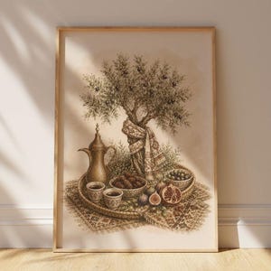 May include: A framed art print featuring a detailed illustration of an olive tree with a patterned textile wrapped around its trunk. Below the tree, a woven tray holds a metallic coffee pot, two small cups, dates, olives, and sliced pomegranates.